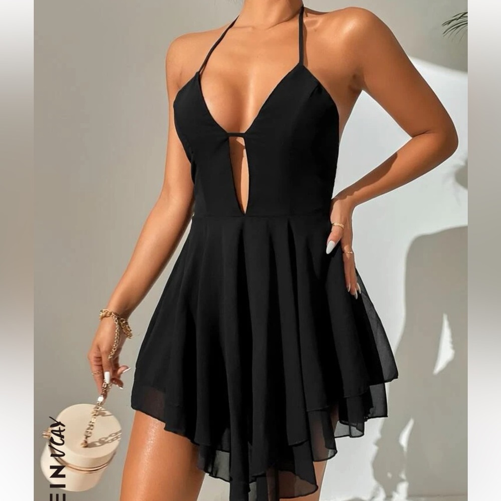 SHEIN VCAY Cut Out Tie Backless Tiered Layer Asymmetrical Chiffon Dress